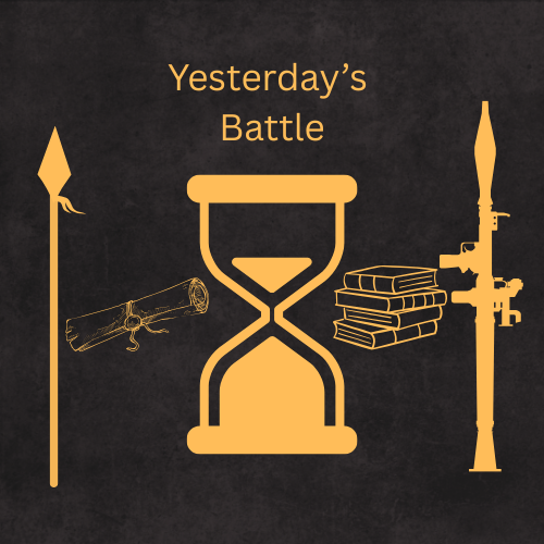 Hourglass with weapons and books